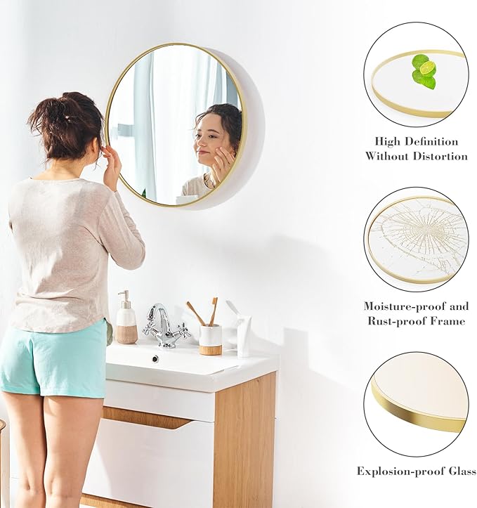 DUMOS Gold Circle Mirror for Wall 24.02 inch, Bathroom Round Mirror for Over - Image 4