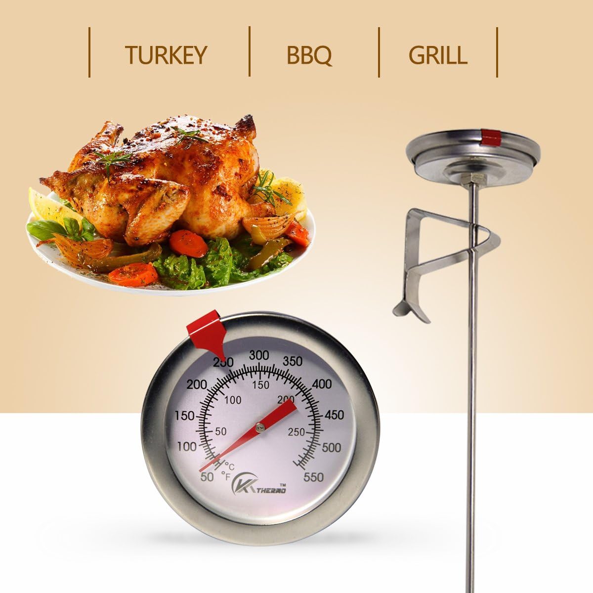 KT THERMO Candy/Deep Fry Thermometer with Instant Read,Dial Thermometer,12" Stainless Steel Stem Meat Cooking Thermometer,Best for Turkey,BBQ,Grill,Analog display