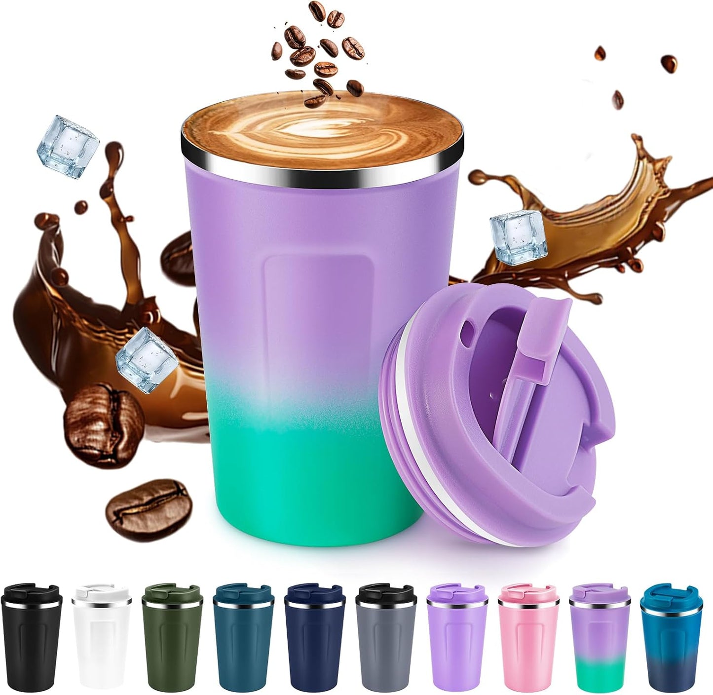 Volhoply 12 oz Double Wall Insulated Vacuum Travel Coffee Mug with Flip Lid,Reusable Stainless Steel Leak Proof Coffee Cup,Portable Iced Cafe Thermal Tumbler for Hot & Cold Drinks(Purple Green,1 Set)