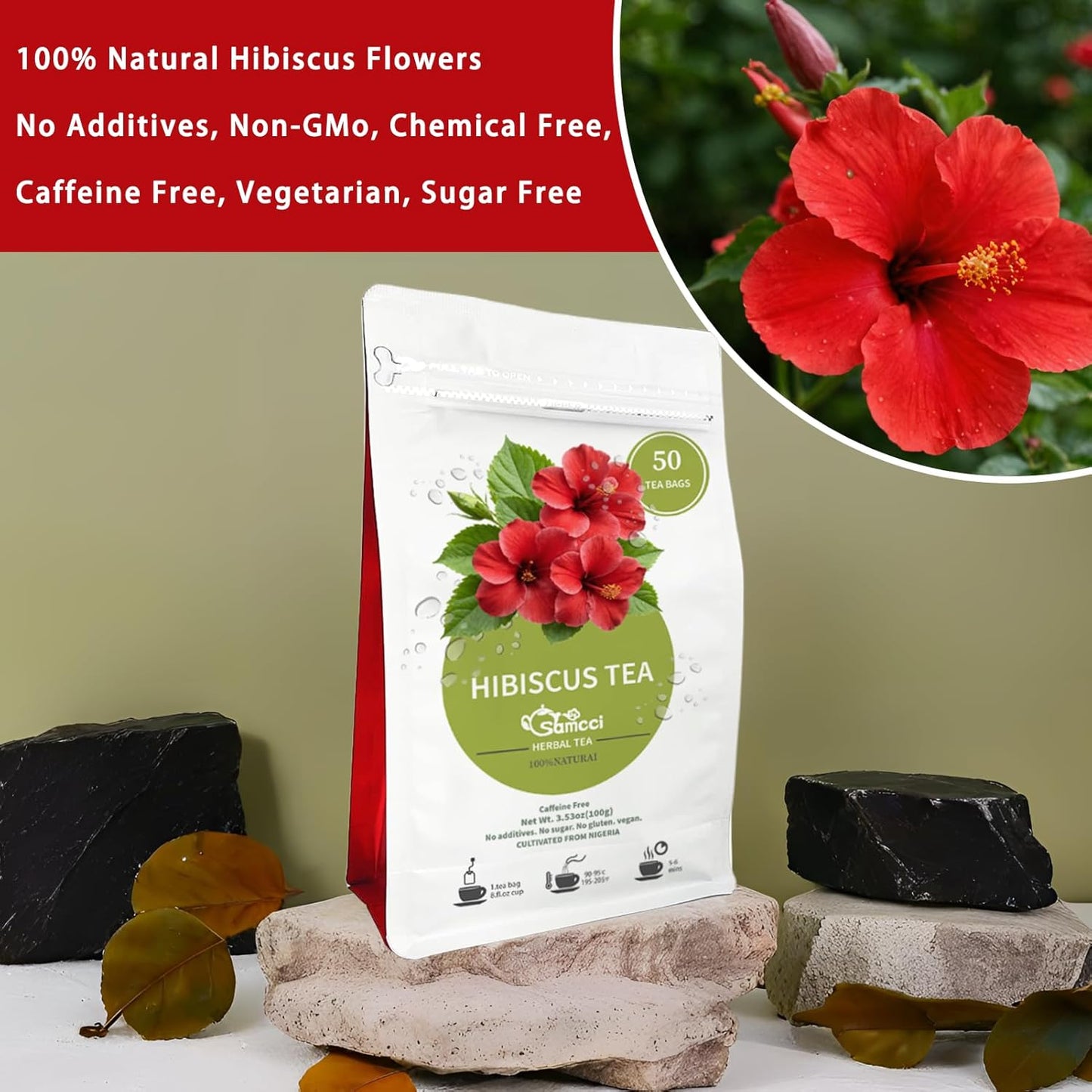 Samcci - Hibiscus Tea Bags, 50 Teabags - Premium dried hibiscus flower for tea - flor de jamaica natural - Non-GMO - Caffeine-free - Rich in Antioxidants & Support Digestion