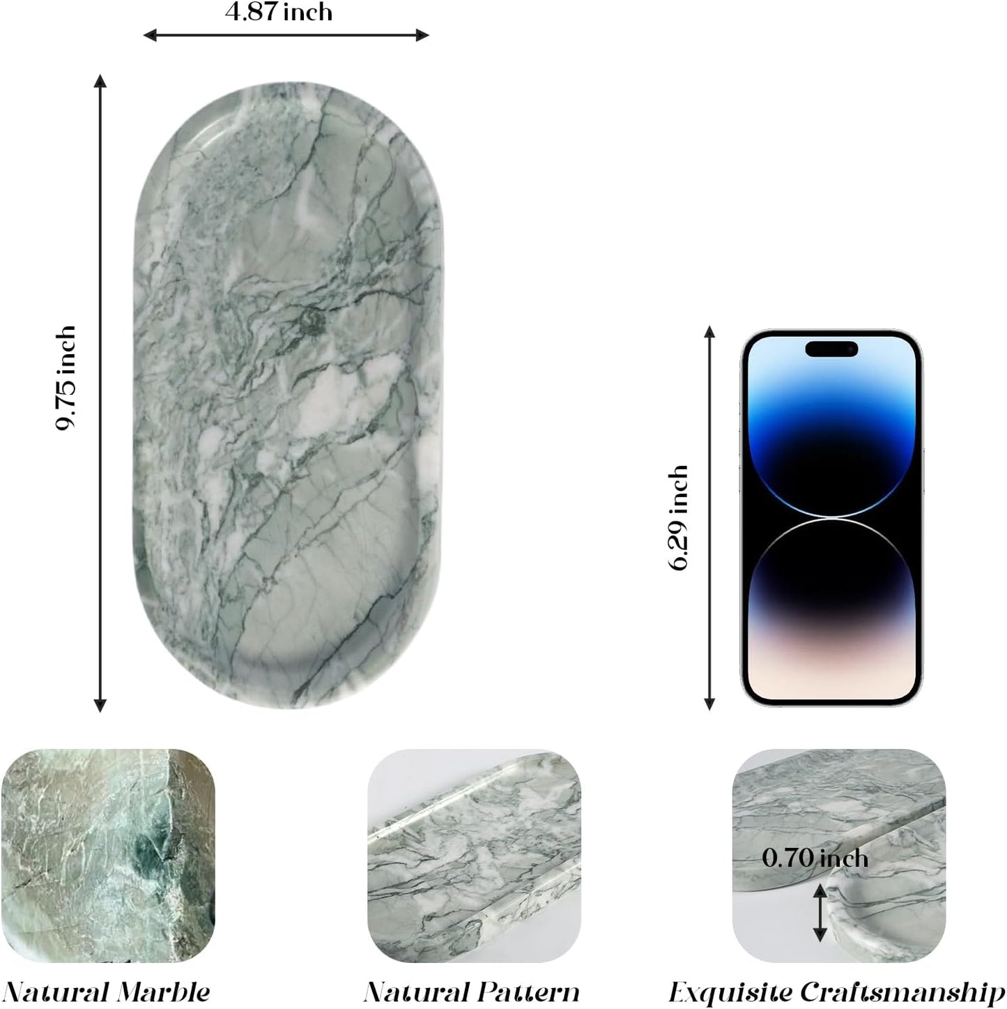 Koville Marble Bathroom Tray for Countertop, Vanity Tray Stone Trays for Decor, Natural Marble Decorative Tray for Dresser Organizer, Storage Trays for Perfume, Jewelry, Cosmetics(Retro Light Green)