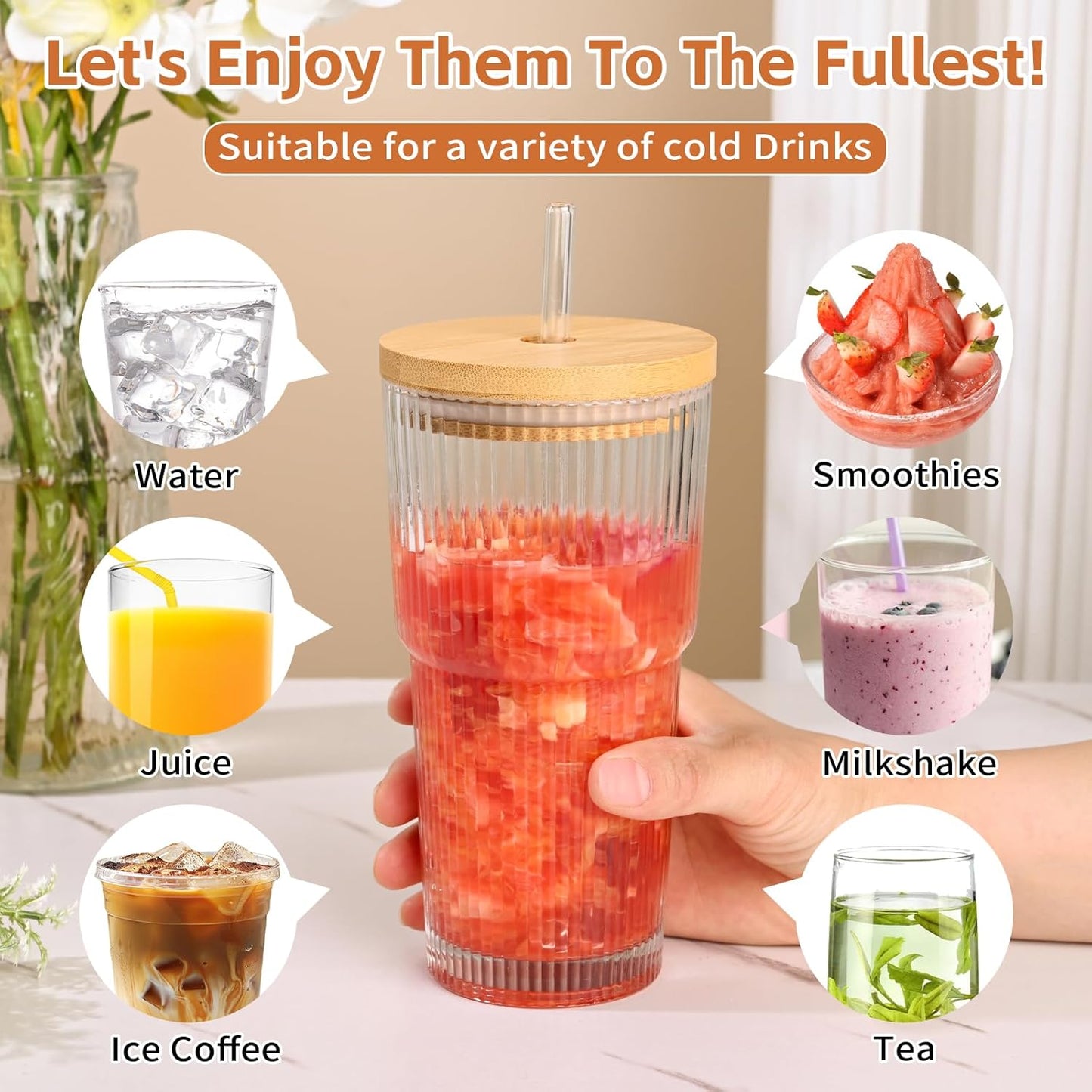 20oz Glass Cups with Lids and Straws,4PCS Ribbed Glass Coffee Cups,Iced Coffee Cups with Lid,Vintage Bamboo Tumbler for Juice,Smoothies