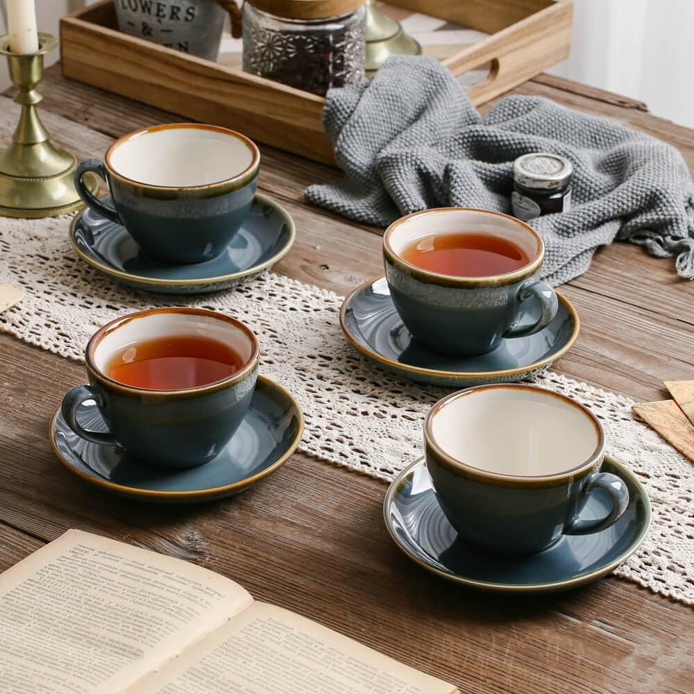 SHUER Ceramic Cappuccino Cup Set of 4, 11.2 OZ Cups and Saucers Set,Coffee Mocha Cup Sets,Black Coffee Cups and Glaze Americano Mug Great for Party and Low Tea Time (Blue 320ml)