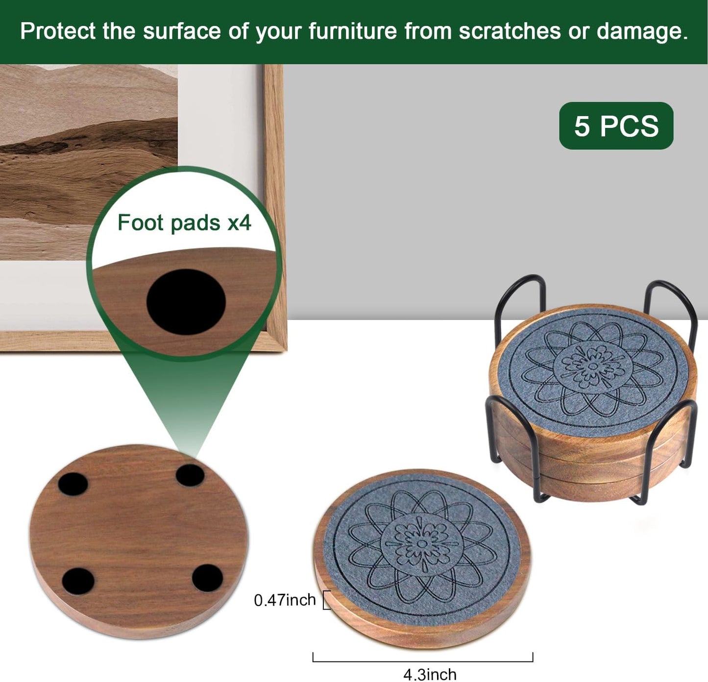 5 Pack Absorbent Coasters for Coffee Table with Holder, Wood Coasters with Felt Pads, Non-Slip, Non-Stick, Suit for Kinds of Cups 4.3 inch (Gray)