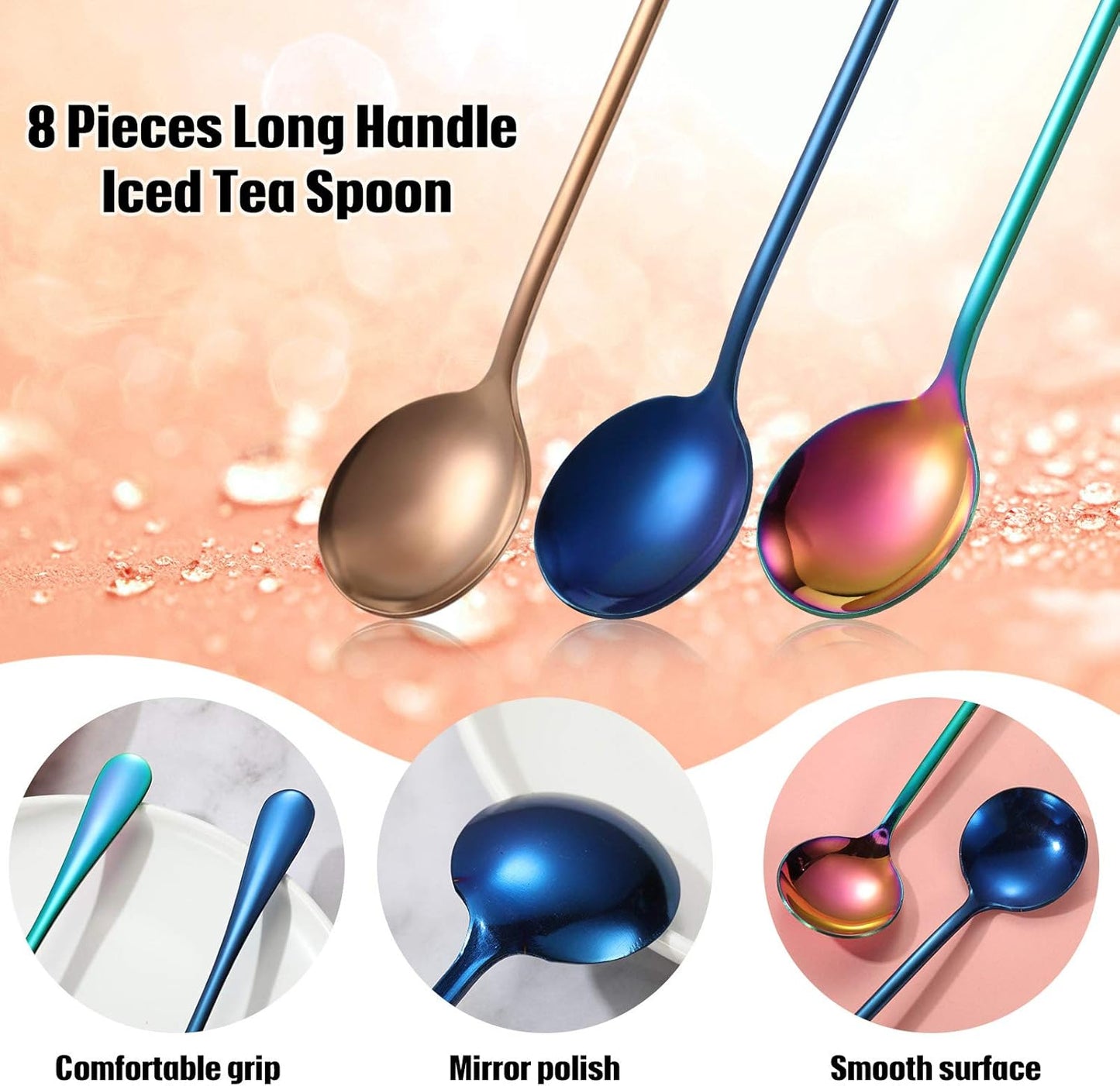 8 Pieces Long Handle Tea Spoon Stainless Steel Coffee Mixing Spoons Teaspoon for Mixing, Cocktail Stirring, Coffee, Milkshake, Cold Drink, 7.48 Inch (Round Style)