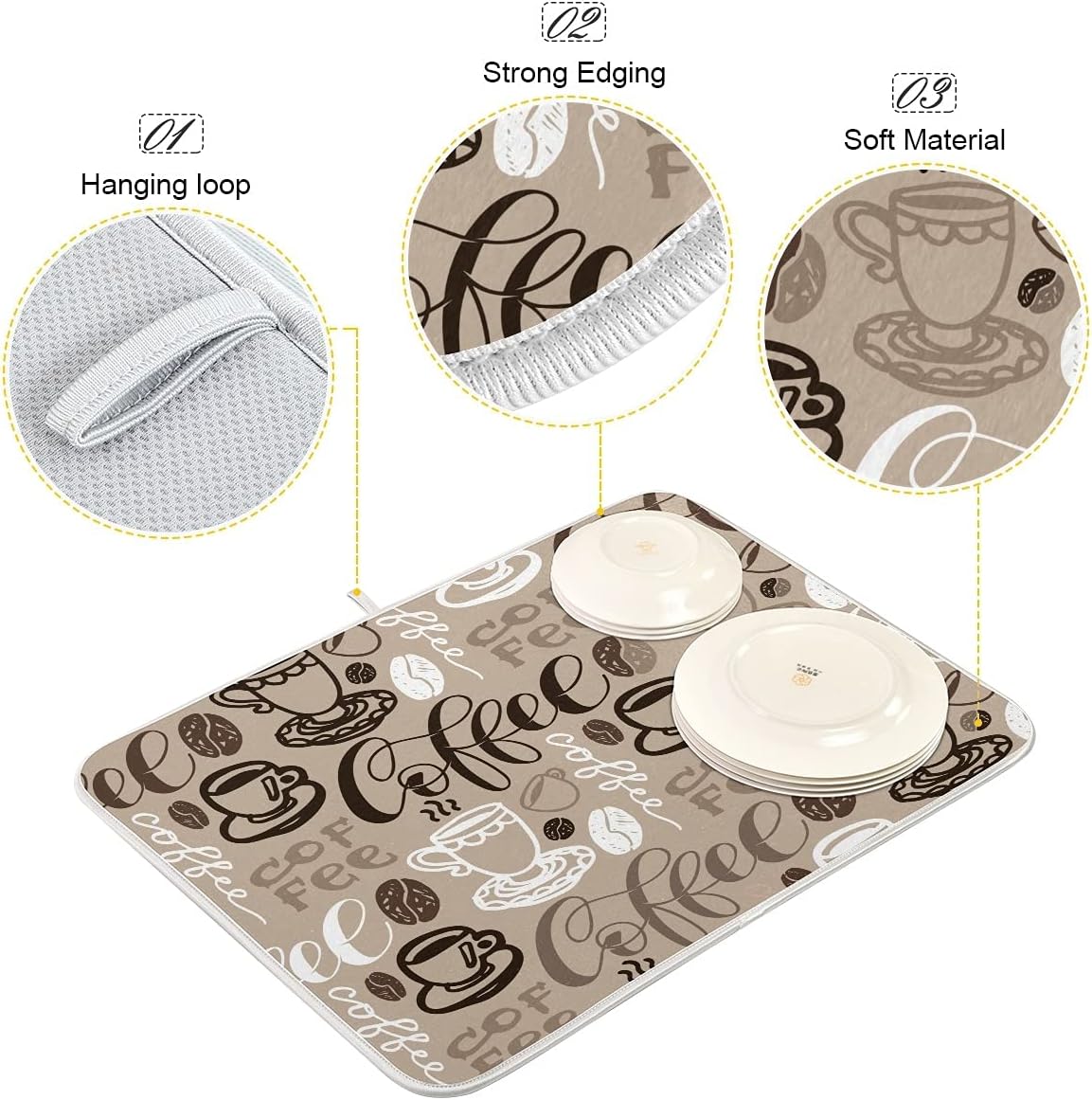 Brown Coffee Dish Drying Mat - 16 x 18 Inch Reversible Microfiber Kitchen Mat with High Absorbency