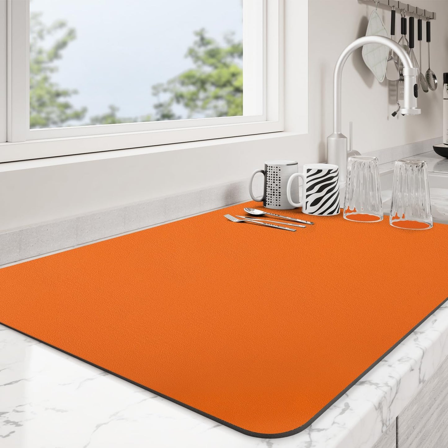 Dish Drying Mat for Kitchen Counter | Coffee Bar Mat for Countertops | Heat Resistant Drainer Mat with Non-slip Rubber Backed | Hide Stain Kitchen Absorbent Draining Mat | Orange 18"x28"