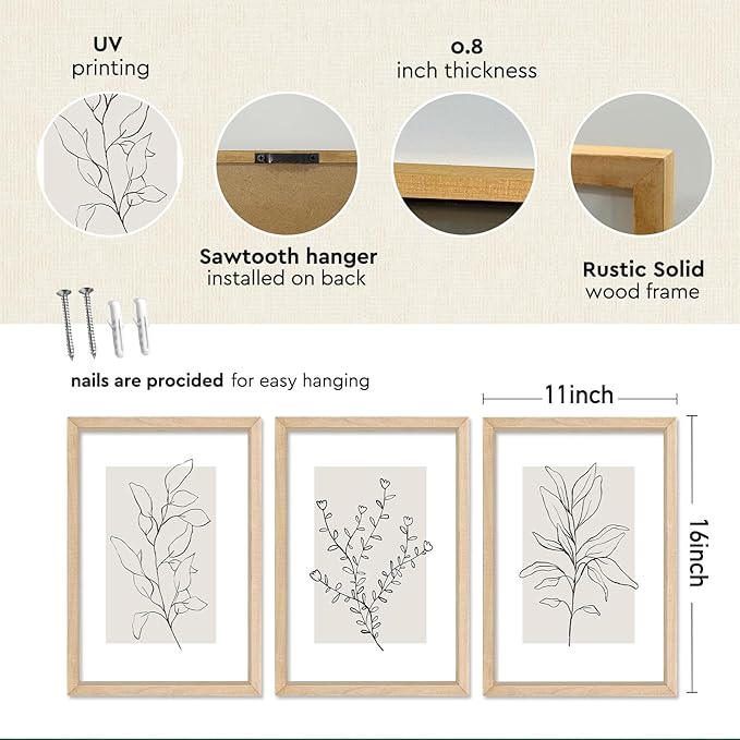 YWJKWLGS Neutral Botanical Prints Framed Wall Art Decor 11x16 Inch Set of 3 - Image 2
