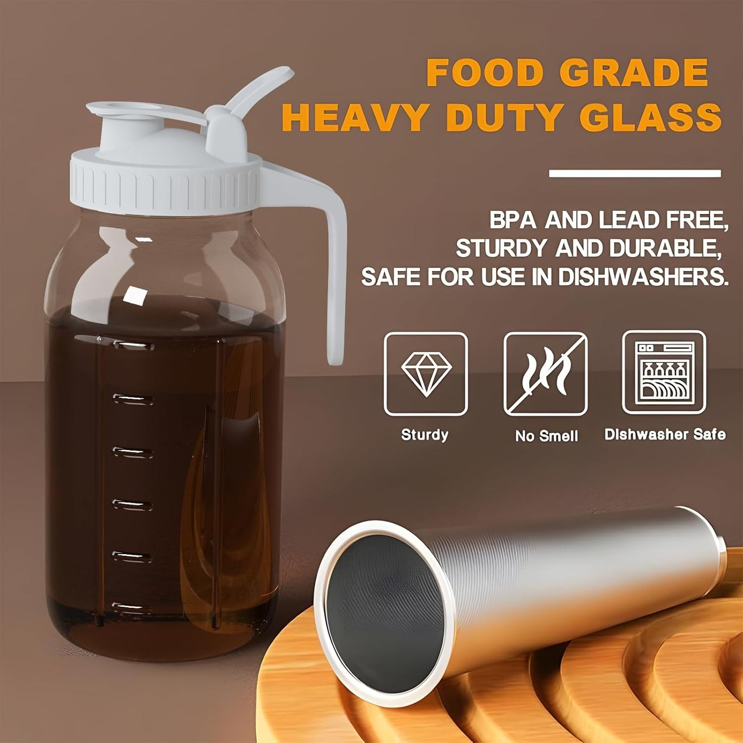 Cold Brew Coffee Maker Jar - 64oz Thick Glass Multipurpose Mason Pitcher Spout Lid with Handle & Stainless Steel Filter for Iced Coffee, Lemonade, Ice Tea, Homemade Fruit Drinks Container