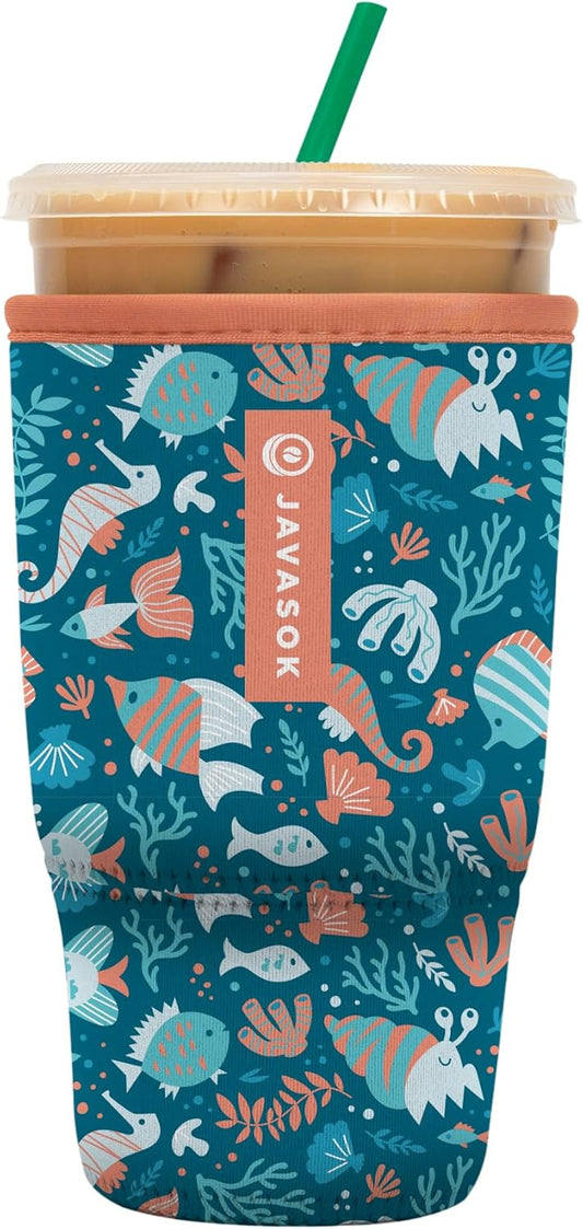 Sok It JavaSok Iced Coffee & Cold Soda Insulated Neoprene Cup Sleeve (Reef Life, Large: 30-32oz)