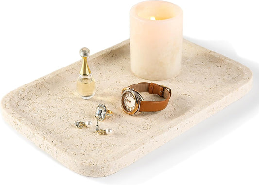Koville Marble Tray, 12"x8" Marble Vanity Tray for Bathroom Kitchen Countertop, Rectangular Stone Tray for Cosmetics Perfume Trinket, Decorative Catchall Trays (12"x8"-Brown)