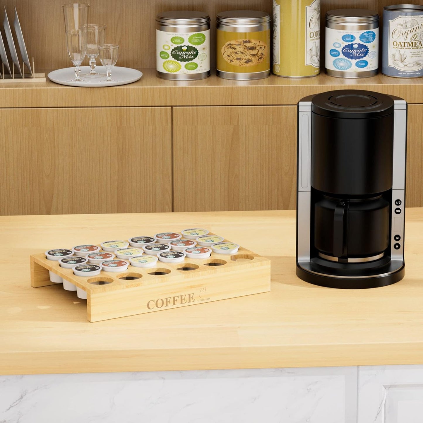 MinBoo BamBoo k cup holder Drawer or Countertop k cup Organizer Coffee Pod Holder Hold 24 Coffee Pod Storage Kcup coffee pods holder for coffee station Office and Kitchen k cup storage