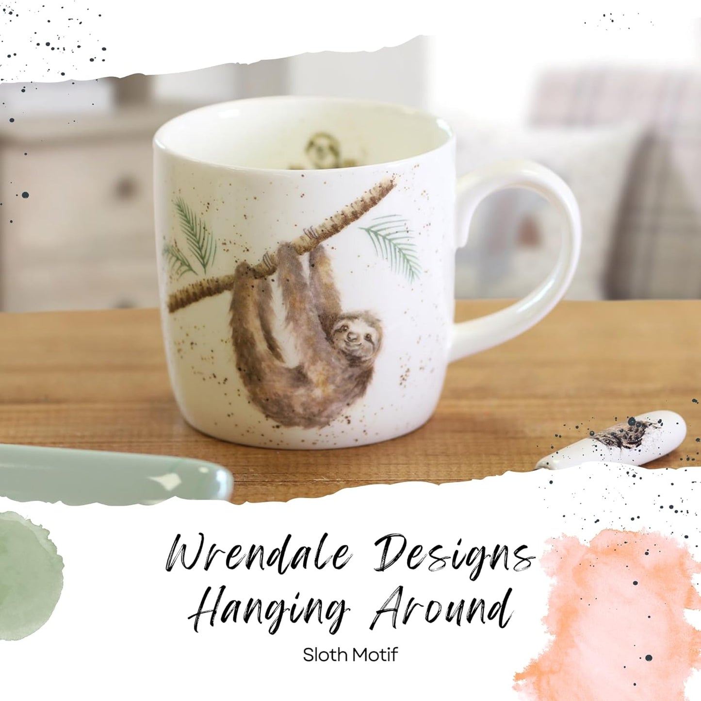 Royal Worcester Wrendale Designs Farmhouse Style Mug, Hanging Around - 14 oz Fine Bone China Mug with Sloth Illustration for Cozy Kitchen Vibes - Floral Drinkware for Daily Comfort