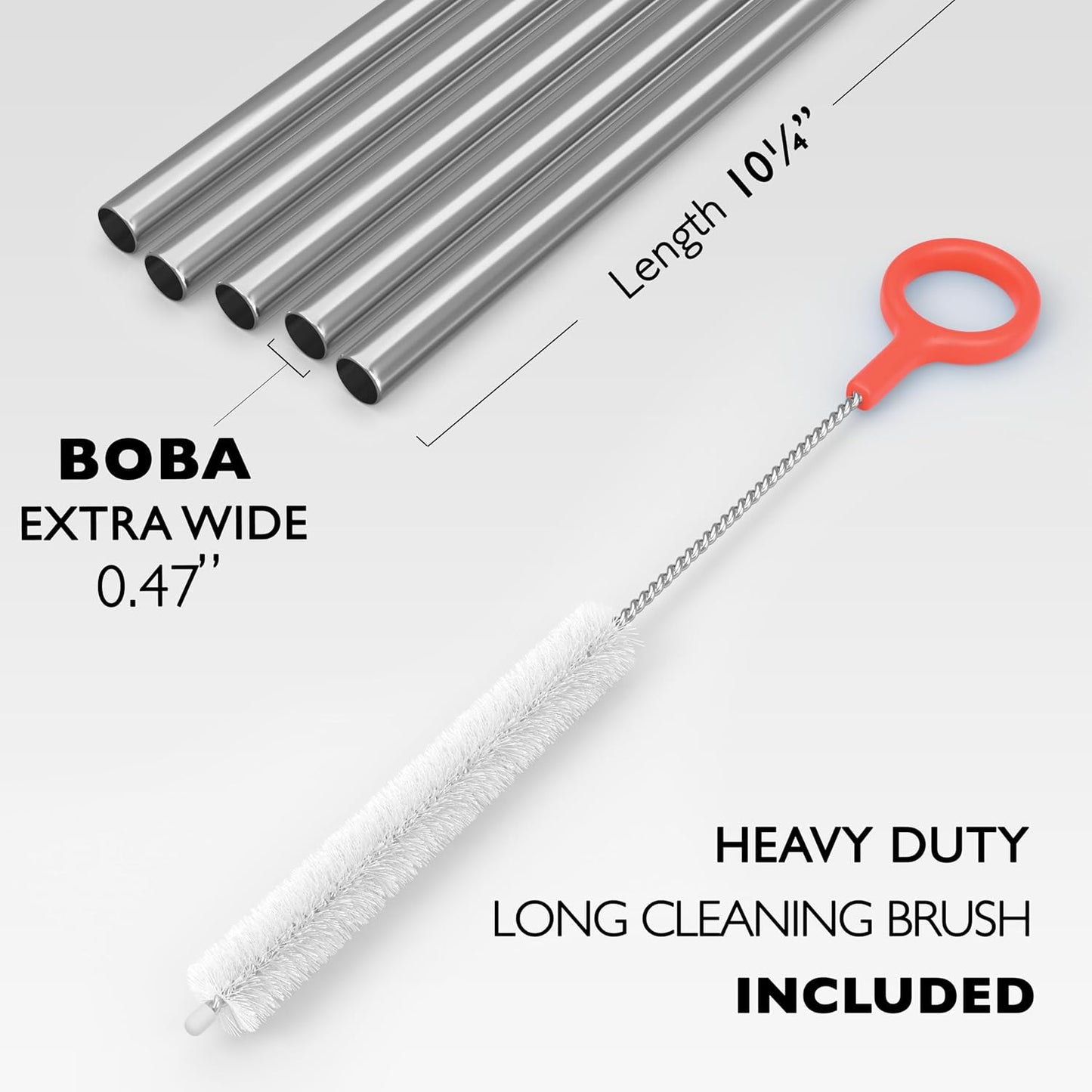 5 Boba Straws Stainless Steel + Cleaning Brush. 10.23" Long Extra Wide Metal Straws Reusable Fat Thick Large Jumbo for Smoothies, Bubble Tea. Dishwasher Safe Hard Drinking Straws. SILVER