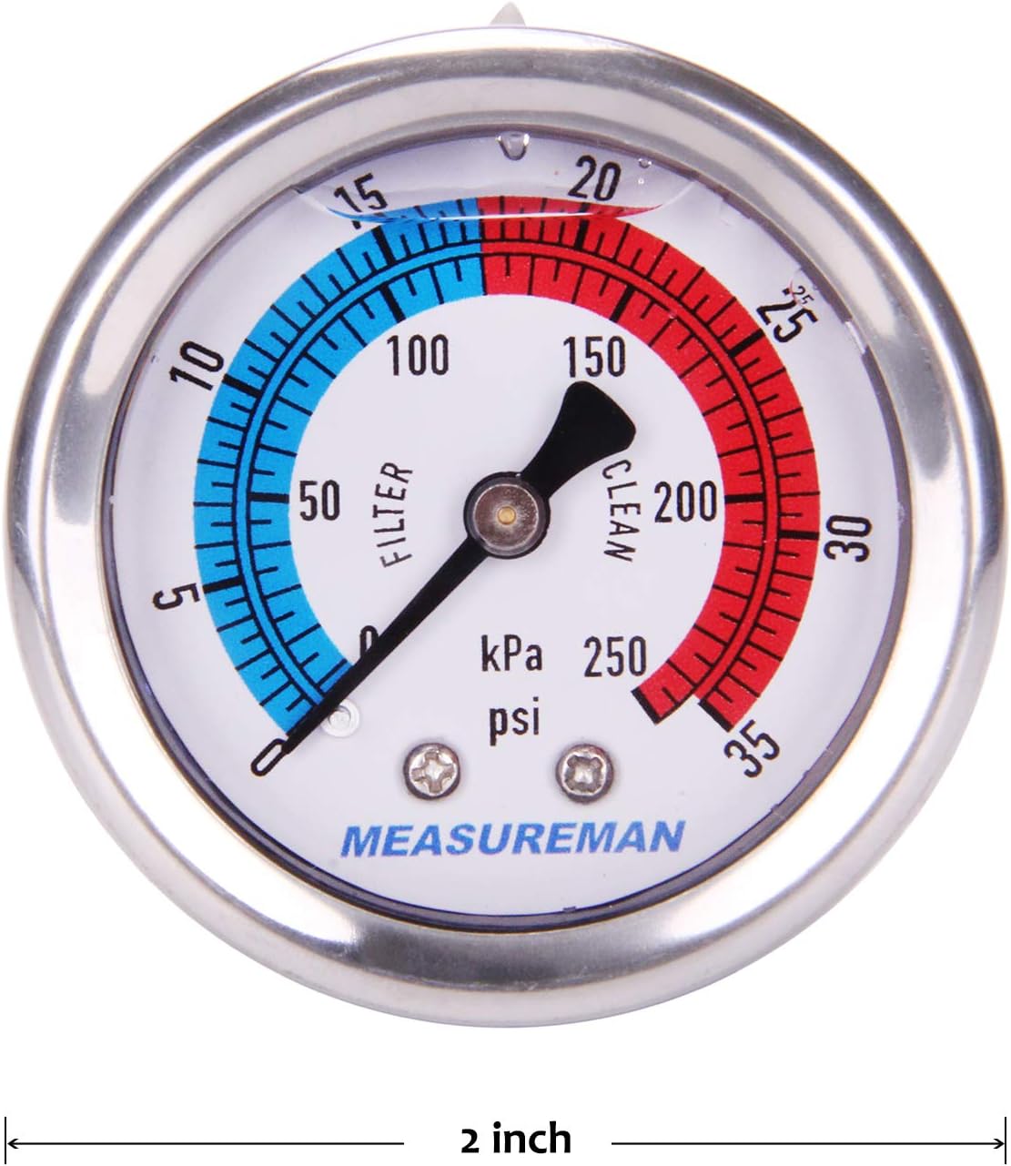 MEASUREMAN 2" Dial Size, Liquid Filled Pool Filter Pressure Gauge, 304 Stainless Steel Case, 0-35psi/250kpa,1/4" NPT Center Back Mount