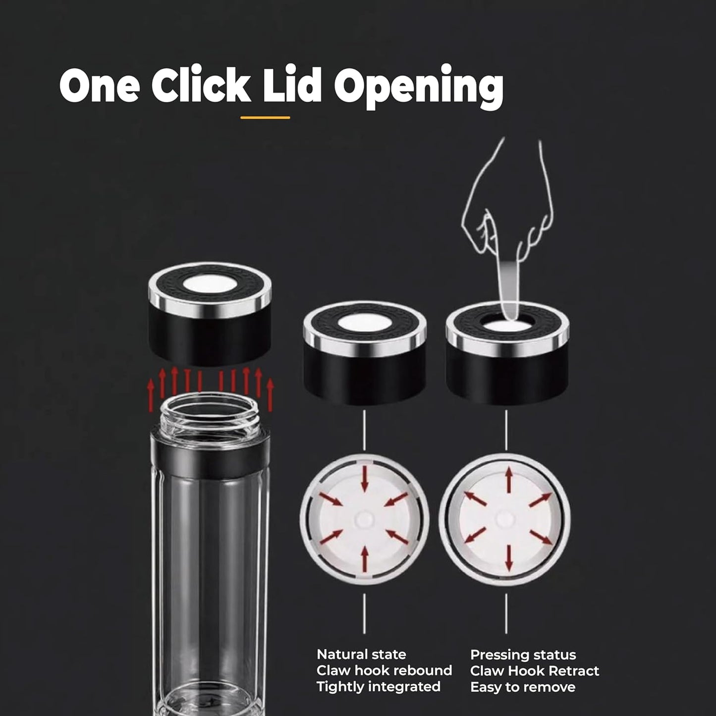 Glass Water Bottle Fits in Car Cup Holder, 14 oz Double Wall Borosilicate Glass Tea Infuser Bottle, One Handed One Key Lid Opening, for Car, Home, Office