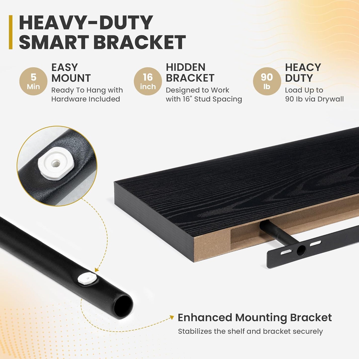 55 Inch Floating Shelves, 9.3" Deep Floating Shelf Wall Mounted, 56" Wall Shelves, Rustic Deep Bookshelf, Large Display Shelves & Storage Shelves for Bedroom, Living Room, Black, Set of 1