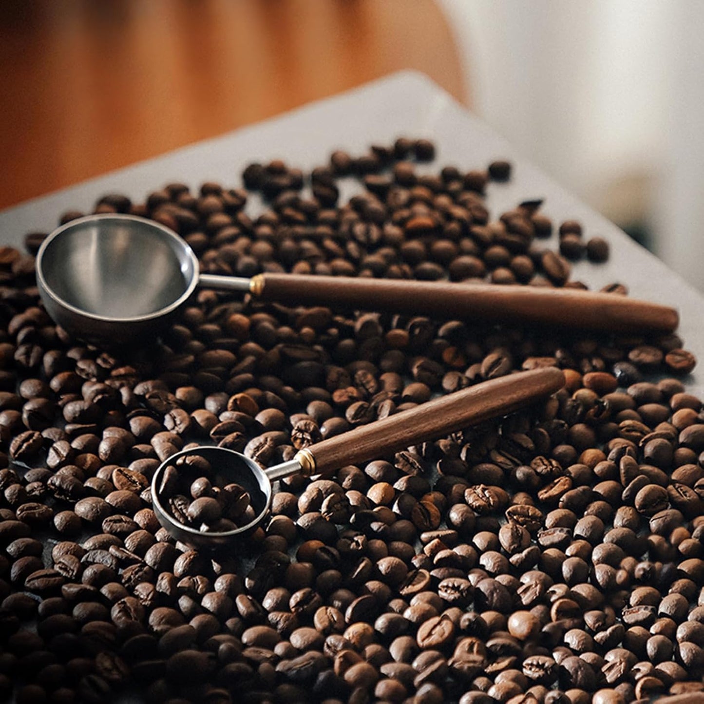 Coffee Spoon - Vintage Walnut Wood Handle, Stainless Steel Coffee Scoop ，Stainless Steel Tea Scoopand Seasoning Spoons (1, Gold, 5g Capacity)