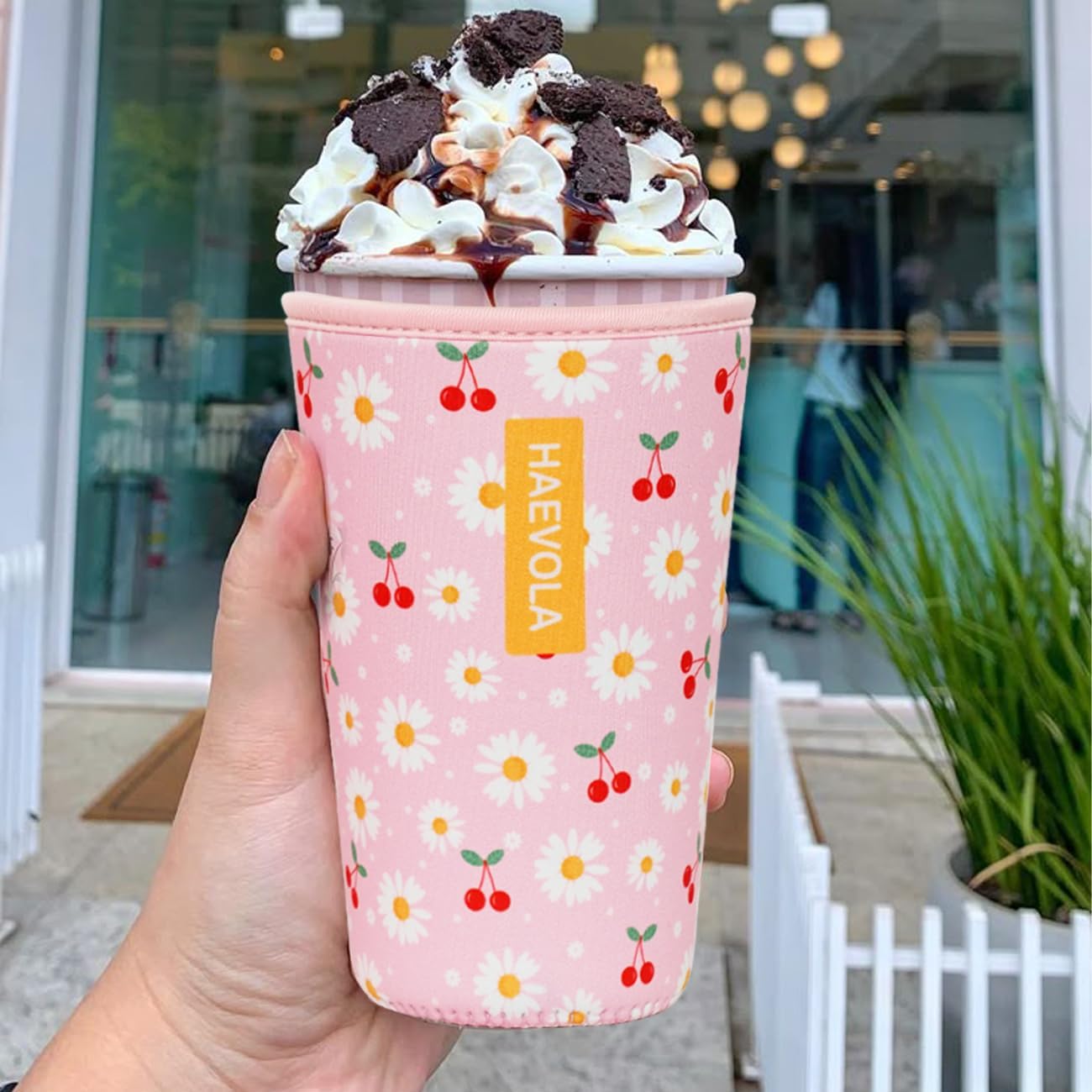 Reusable Insulated Neoprene Iced Coffee Cup Sleeve, Durable Drink Sleeve for Cold Beverages, Beverage Holder for Iced Coffee, Cherry Daisies