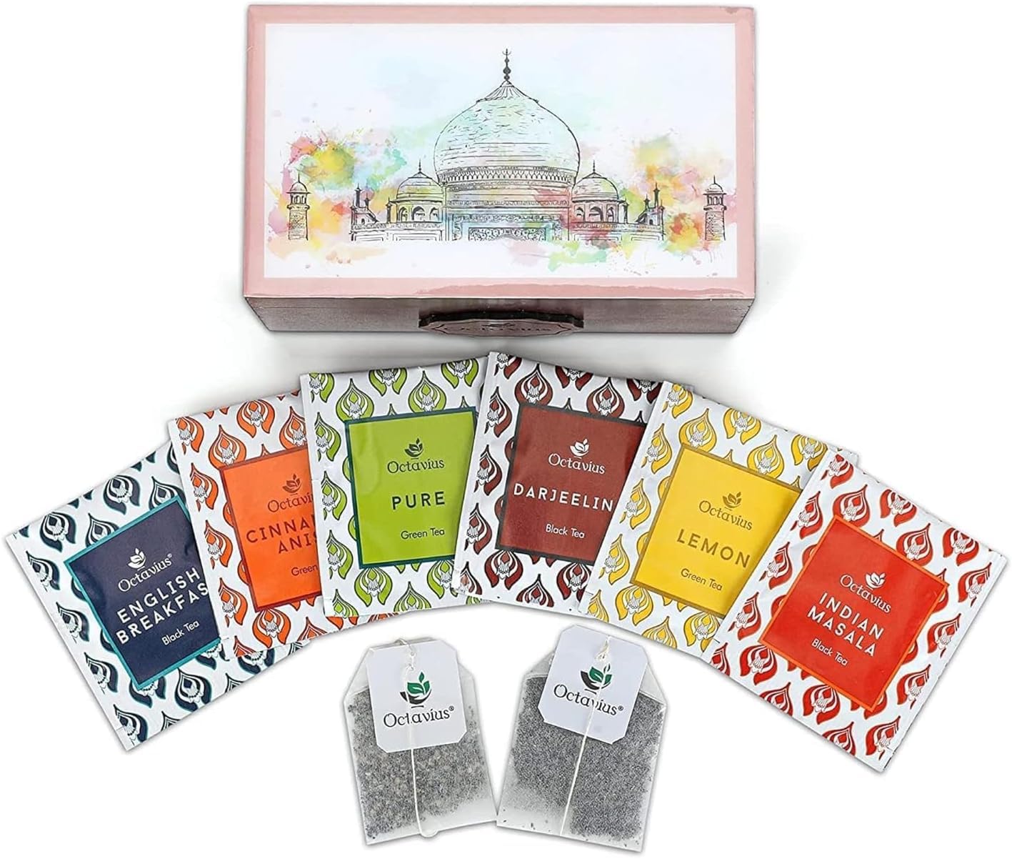 Octavius Assorted Tea Gift Set | 6 Flavored Black & Green Teas | 30 Premium Teabags in Each Box | Wooden Tea Sampler with Taj Mahal Design | Luxury Tea Gift Box | Pack of 2