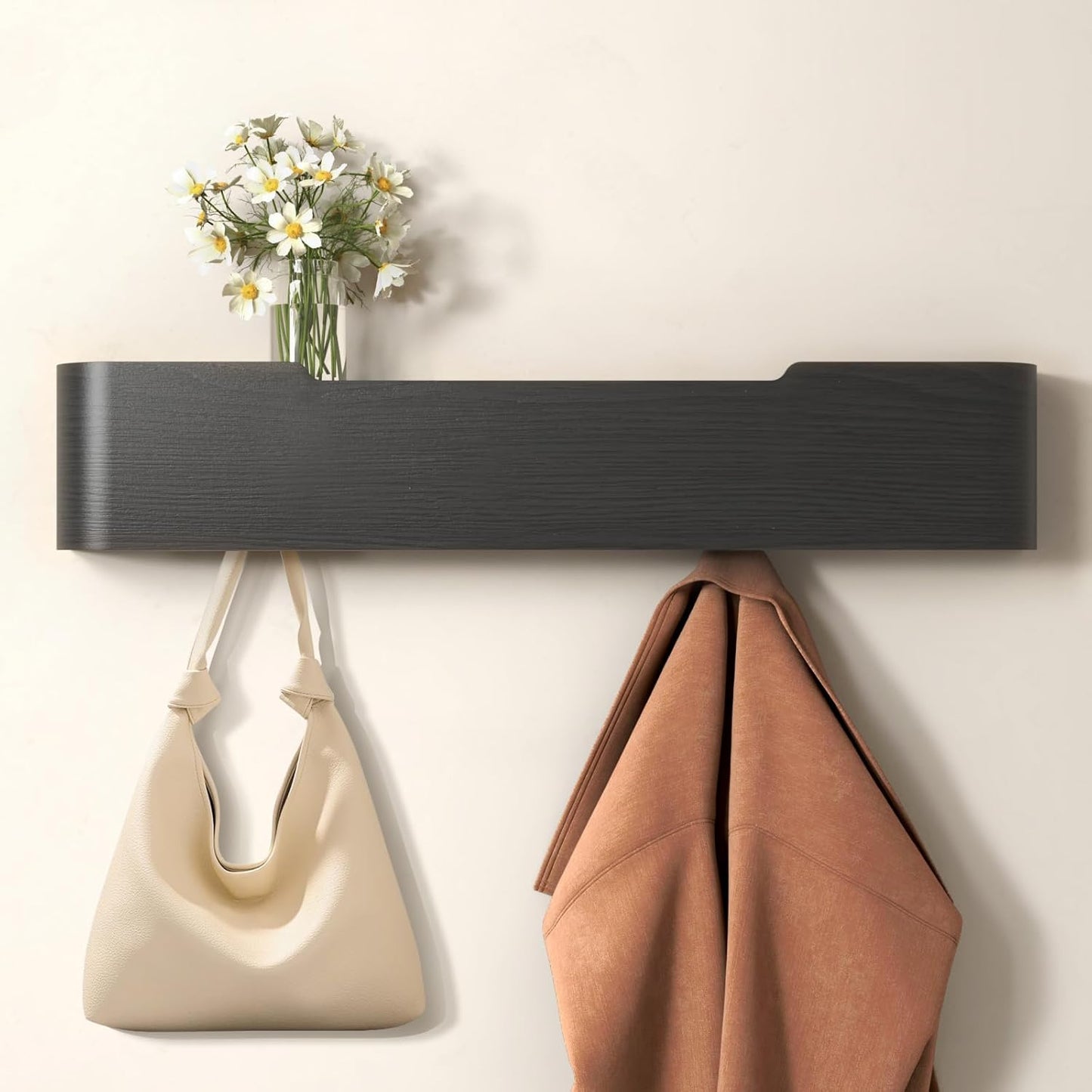 Coat Rack Wall Mount Entryway Organizer Modern Key Holder Wall Mount with Wooden Shelf Entryway Hooks for Bedroom Kitchen Hallway Bathroom for Hanging Coats Hats Bags Towels