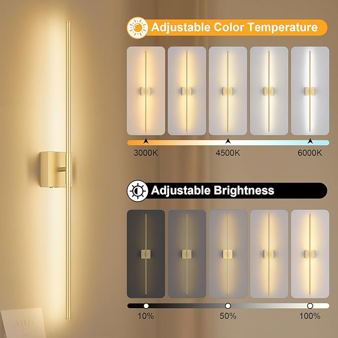 Battery Operated Wall Sconce, 3000K-6000K Dimmable Gold Wall Lights - Image 2