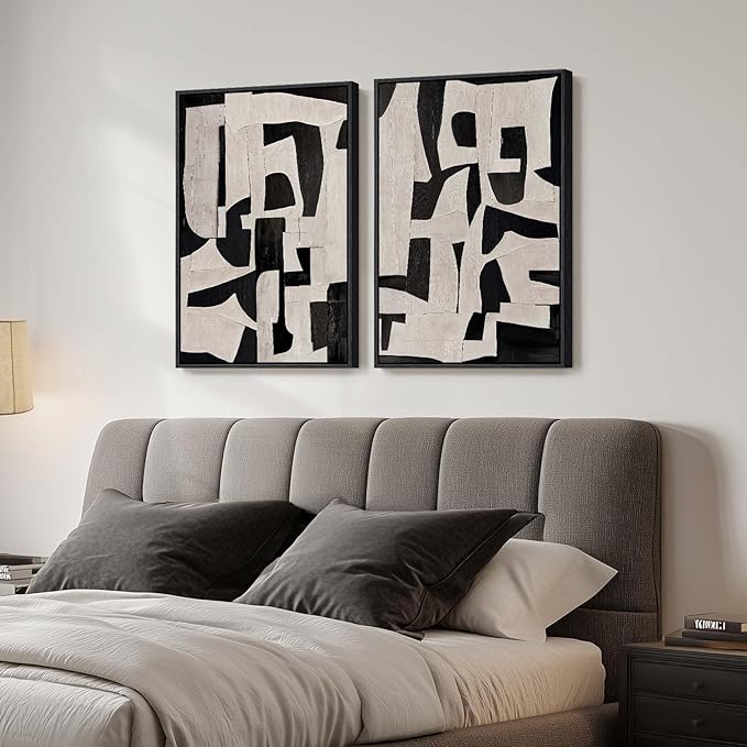 Large Framed Black and Beige Abstract Wall Art, Modern Art Prints Pictures by Cuspin