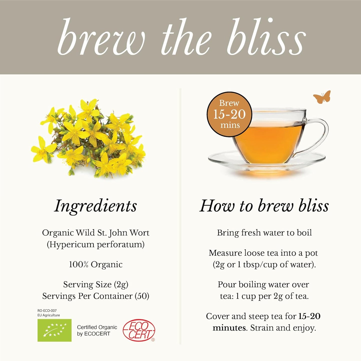 Wild Bliss Organic St Johns Wort Tea - Caffeine Free Mood Balance Support Herbal Tea - Pharmacopoeia Potency - Loose Leaf 3.52 Oz - 50 Servings