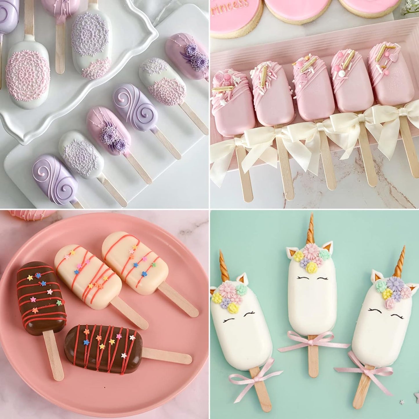 Sakolla 2 Pack Silicone Popsicle Molds, 4 Cavities Oval Mini Ice Pop Molds with 50 Wooden Sticks for Homemade Cake Pop, Cakesicles, Ice Cream (White)