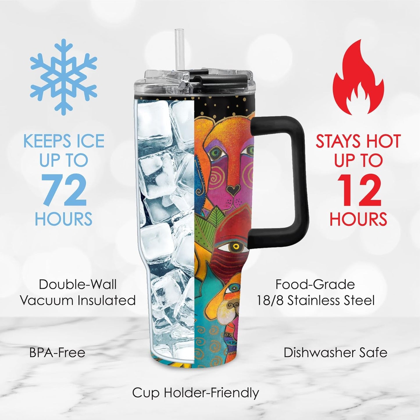 RainCaper 18/8 Stainless Steel Insulated Water Tumbler with Straw | 30oz, BPA-Free, Double Wall for Hot & Cold | Travel-Friendly, Cup Holder Ready (Laurel Burch Dog)