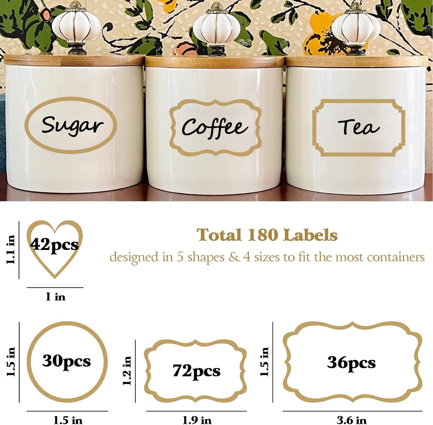 Clear Labels for Jars 180pcs Waterproof Removable Transparent Write-on Label Stickers with Gold Border,Great for Food Container Spice Bottle Condiment Flour Sugar Canisters Storage Bins,Free 2 Markers