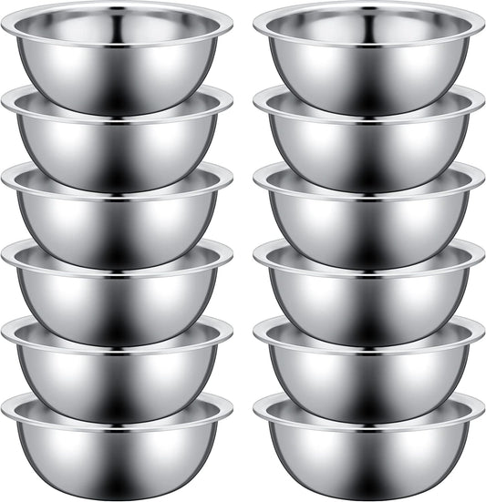 Pinkunn Set of 12 Stainless Steel Mixing Bowls, Nesting Metal Prep Salad Bowl Bulk Kitchen Large Reusable Baking Food Container for Hotel Restaurant Home Cooking, Silver(8.66 x 3 Inch)