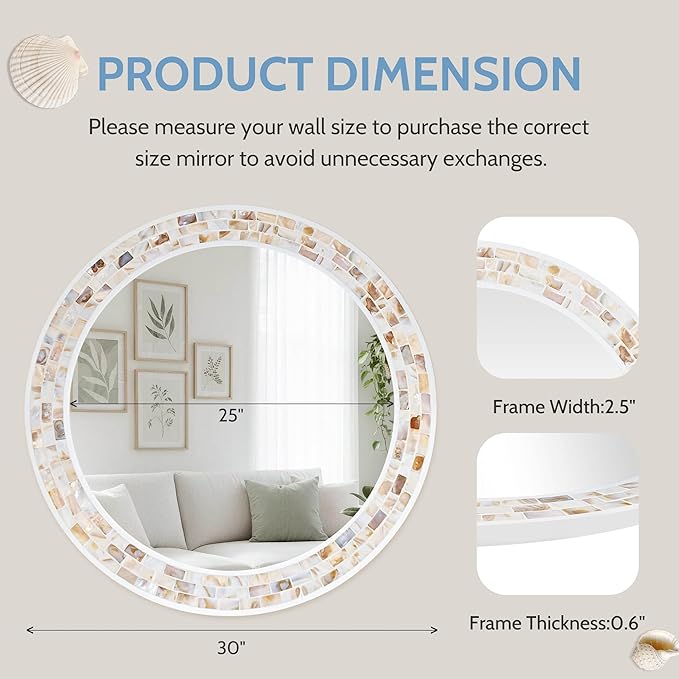 Tanmicoshomy Round Wall Mirror 30 Inch, Natural Brown Shell Framed Circle - Image 3