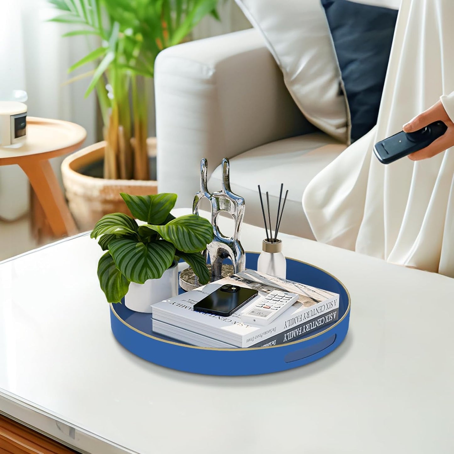 MAONAME 13" Blue Round Tray, Navy Serving Tray with Handles, Modern Decorative Tray for Coffee Table, Plastic Tray for Ottoman, Bathroom, Decor