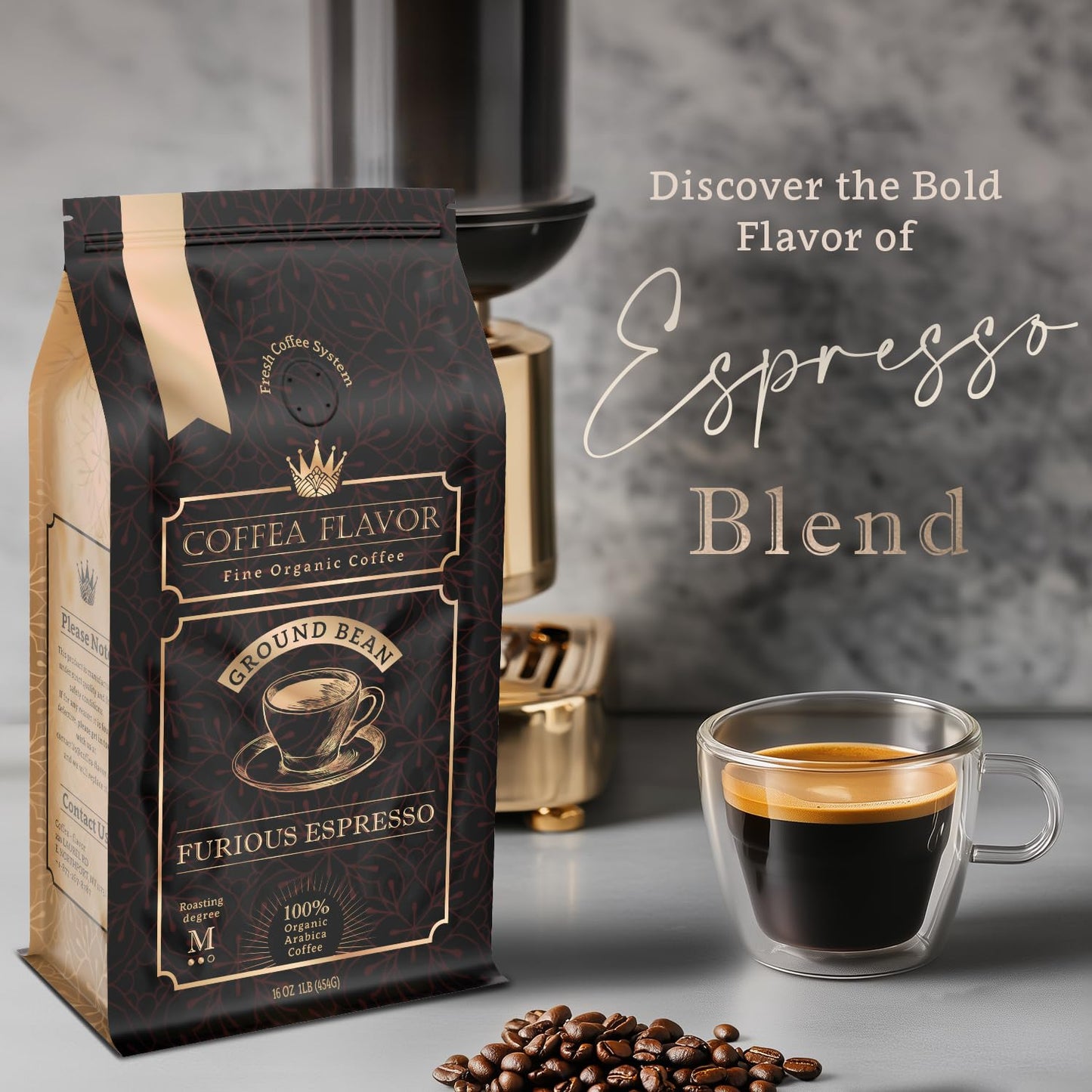 Ground Espresso Coffee – Organic, Single Origin, Medium Roast, Bold & Smooth – 100% Arabica – Crafted for Espresso Machines – Furious Espresso by Coffea Flavor
