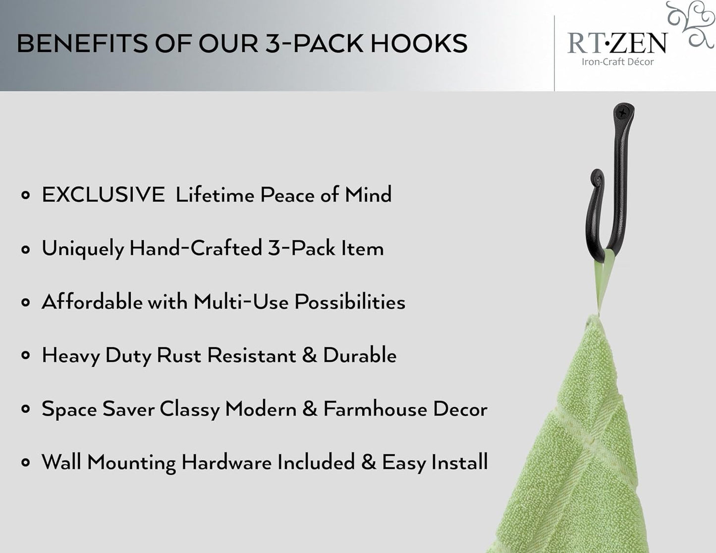 RTZEN Wall Mount Hook Set - Wrought Iron Decorative Rustic Metal Coat Hooks for Hanging - Handcrafted Classic Farmhouse Wall Mounted Black Hooks for Towel Robe or Hat Hanging - 3 Pack