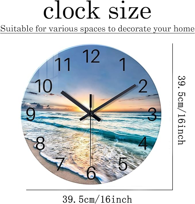 Blue Coastal Wall Clocks Battery Operated 16 Inch Glass Wall Clock Silent Beach - Image 5