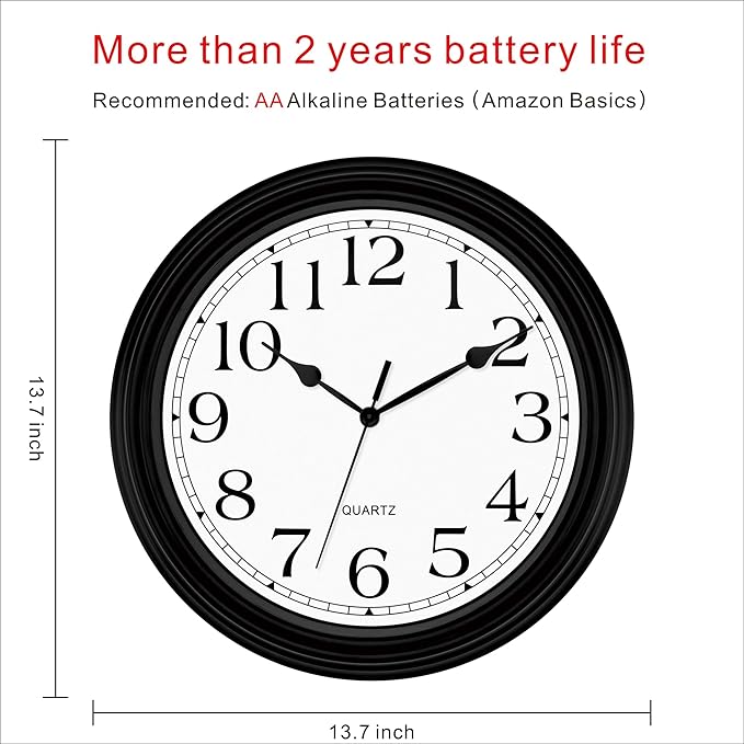 Foxtop 14 Inch Wall Clock Battery Operated Silent Non-Ticking Round Classic - Image 2
