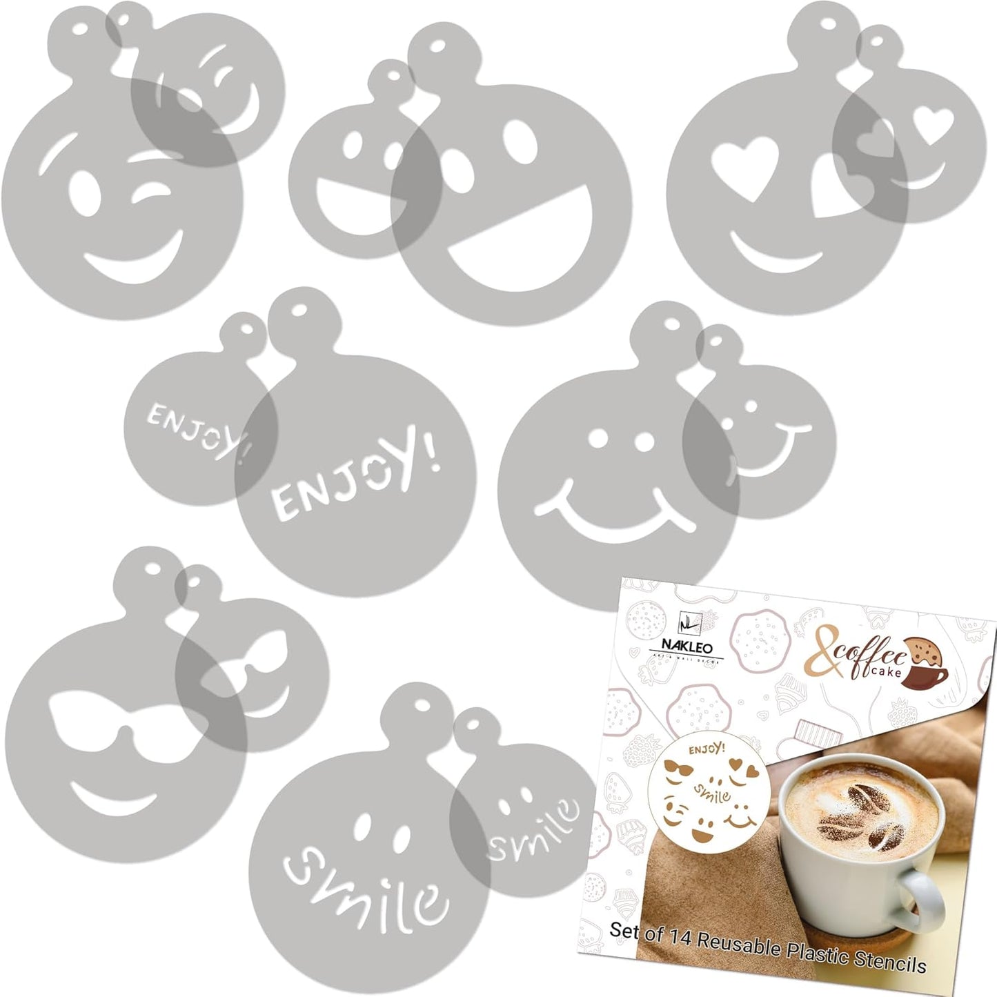 NAKLEO Coffee Stencils and Cookies Decoration 14Pcs 2.8”x2.8” and 4.3”x4.3”, Reusable Plastic Baking Templates, Emotion Smileys Emoticon, Barista DIY Art Craft, Capuccino Latte Chocolate Cake Biscuit