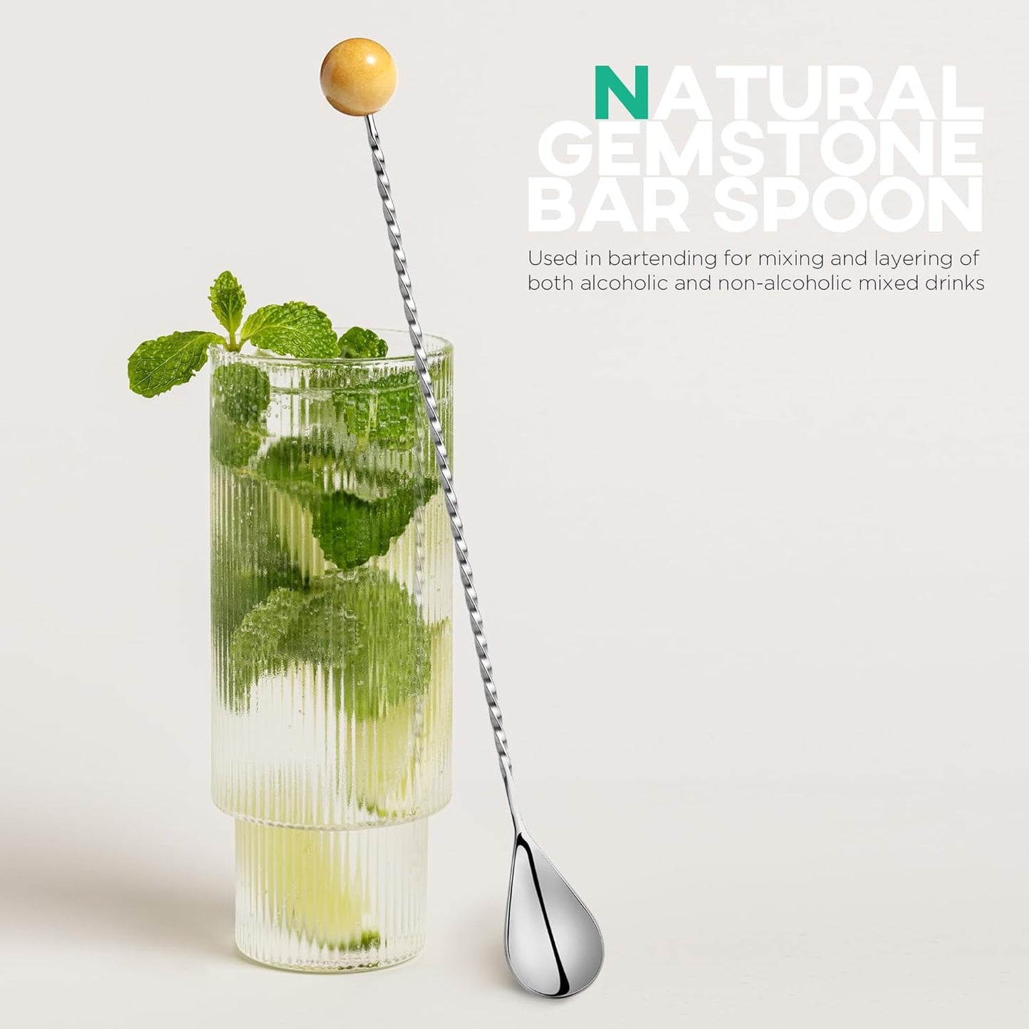 Homestia 12-Inch Natural Gemstone Bar Spoon, 304 Stainless Steel Cocktail Spoon for Layering Long Spiral Handle Mixing Spoon Stirrers for Drink (Yellow)