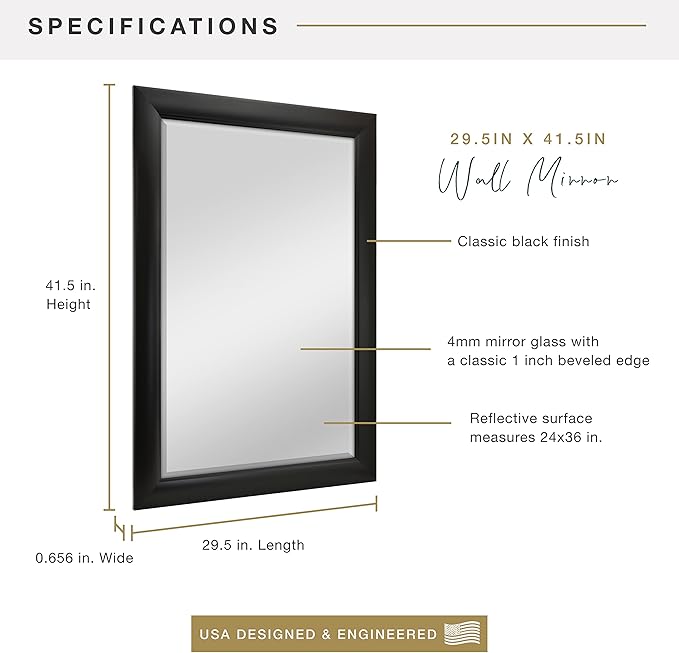 MCS 29.5x41.5 Large Wall Mirror, Classic Black Mirror, Vertical & Horizontal - Image 3