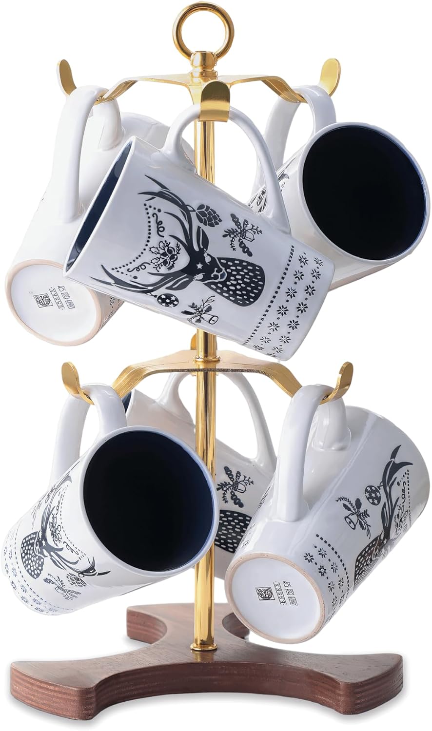 Gold Mug Holder Tree for Countertop | 2-Tier Coffee Mug Rack Holds 6 Large Mugs, 5oz to 20oz | Elegant Golden Cup Stand with Solid Wood Base | Kitchen Counter Organizer & Coffee Bar Accessories