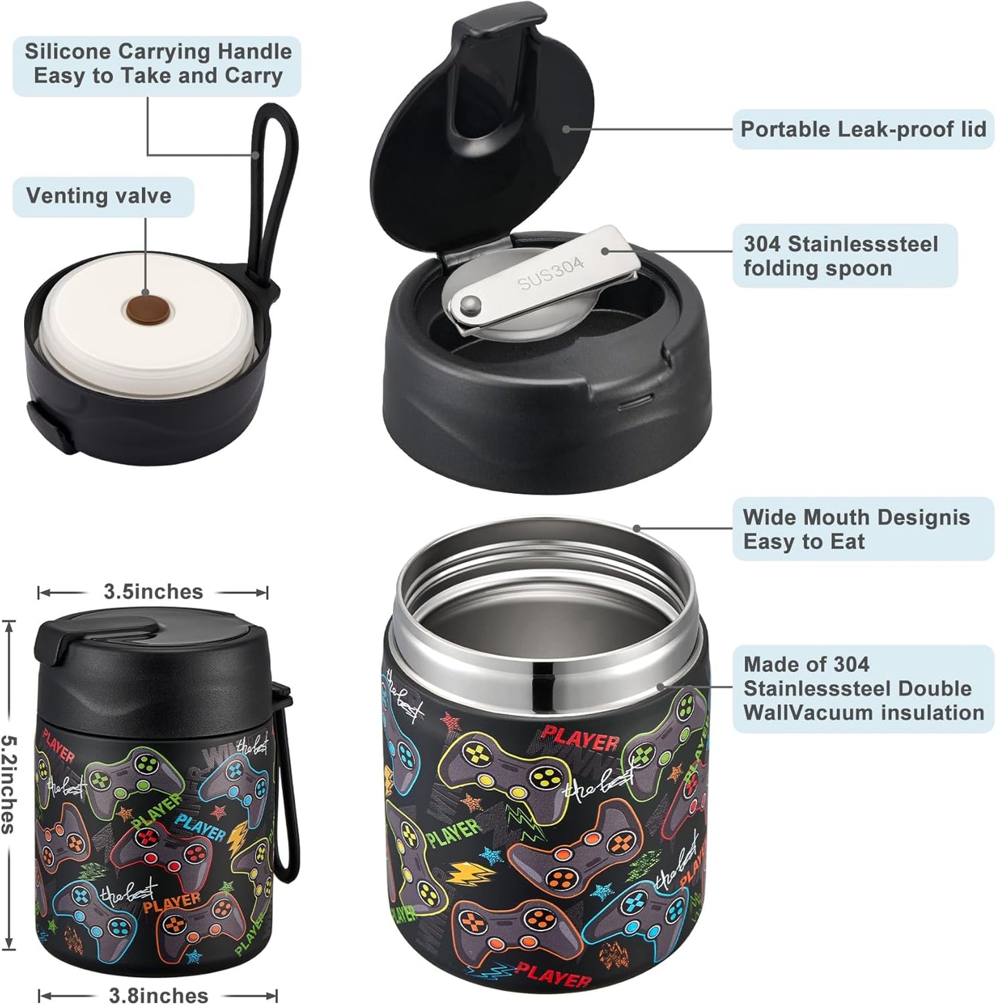 17oz Soup Thermo for Hot Food Kids,Insulated Food Jar with Spoon,Thermo Hot Food Lunch Container,Wide Mouth Leakproof Stainless Steel Lunch Box for School-Black Game