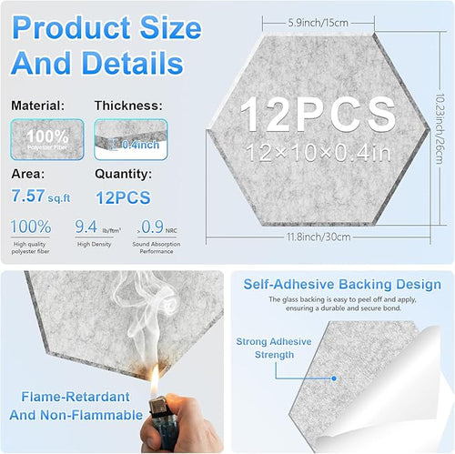 12 Pack Hexagon Acoustic Panels, Self-Adhesive Sound Deadening Panels, Sound - Image 2
