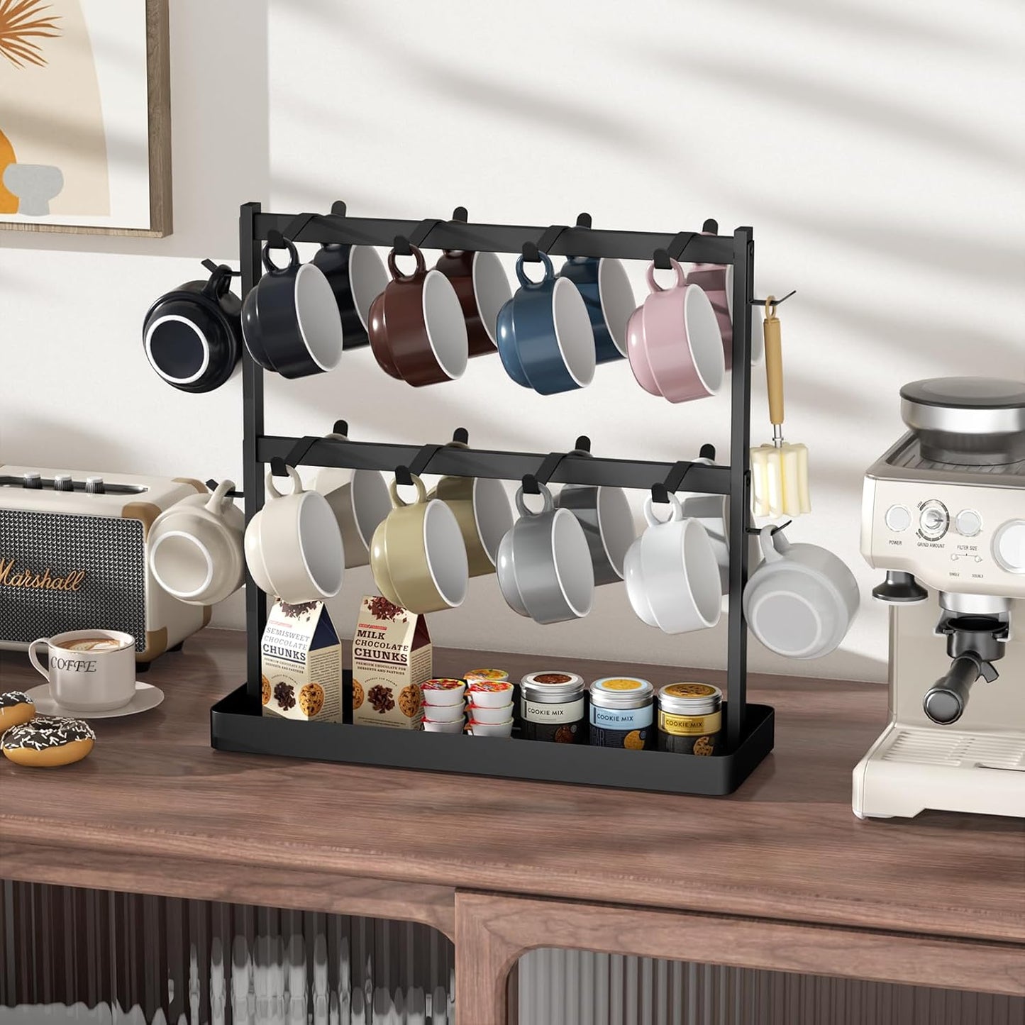 Coffee Mug Holder for Countertop 20 Hooks Mug Tree Rack 2 Tier Counter Cups Mugs Display Stand with Heavy Duty Metal Storage Base for K Cup Kitchen Tea Coffee Bar