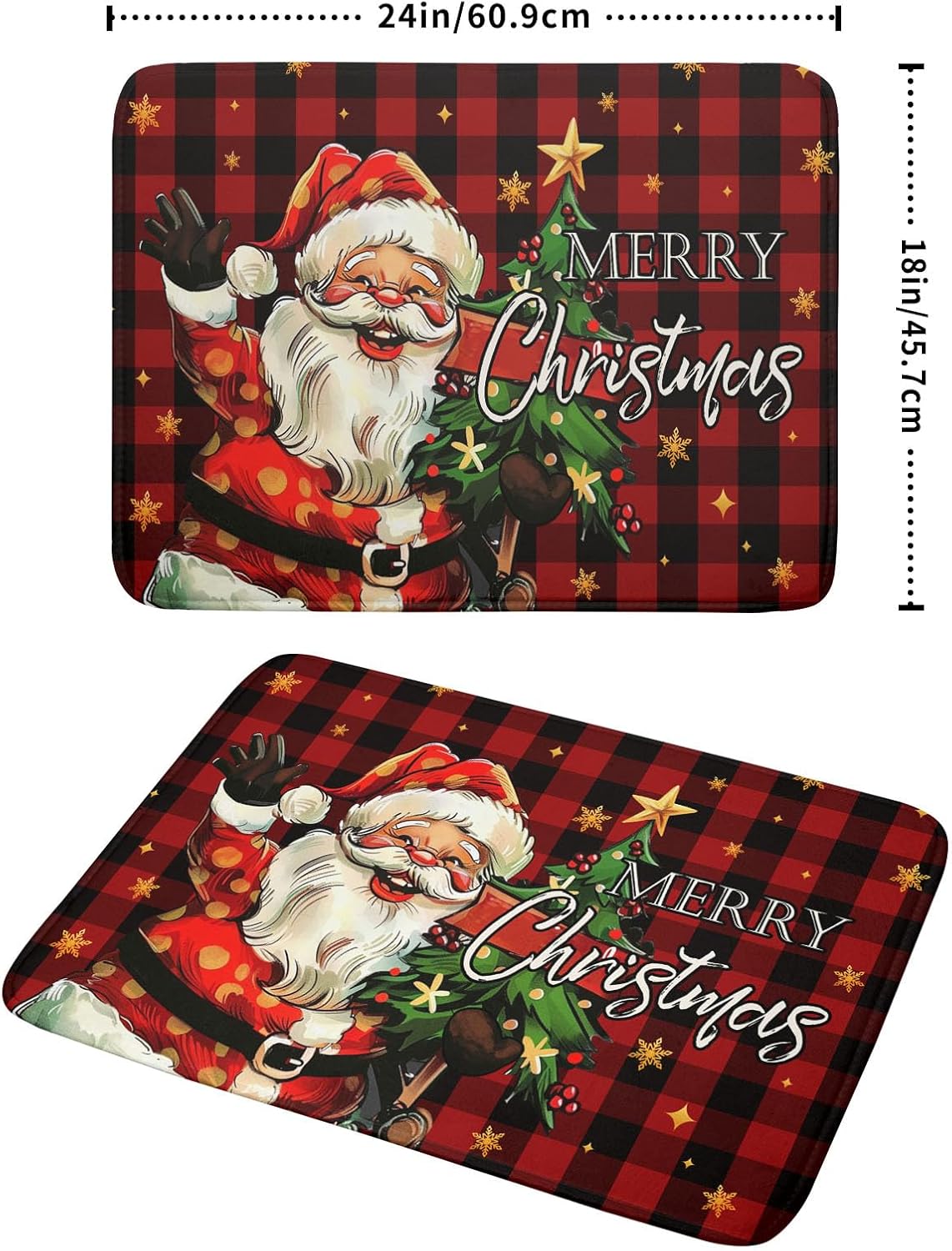 Merry Christmas Santa Claus Red Buffalo Plaid Dish Drying Mat for Kitchen Counter,Winter Snowflake Xmas Tree Drying Mat 18 x 24 Inch with Absorbent Reversible Microfiber Dish Drying Pad for Coffee Bar