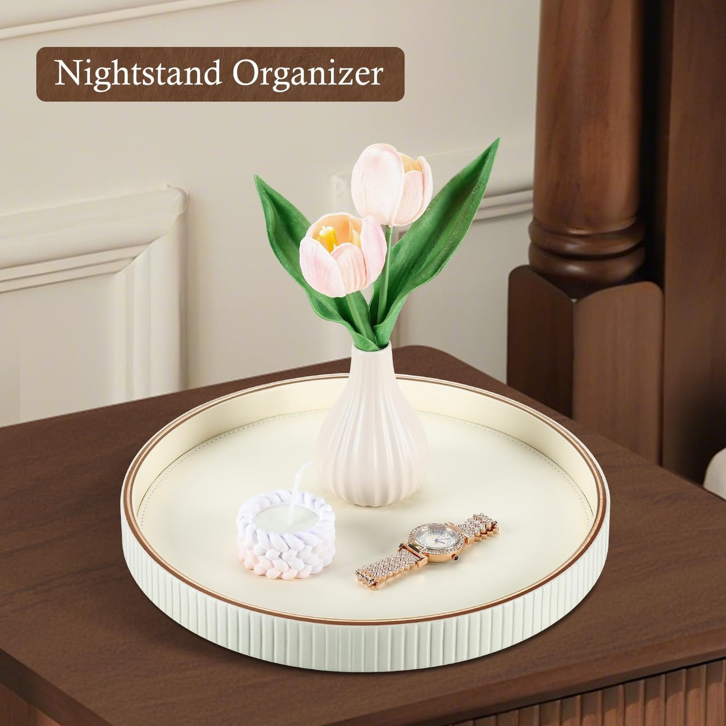 GORESE Round Decorative Serving Tray for Coffee Table Decor, 12" PU Leather Table Centerpiece Home Decor, Valet Tray for Trinket Jewelry Perfume Key, Ottoman Tray Nightstand Organizer, Cream White