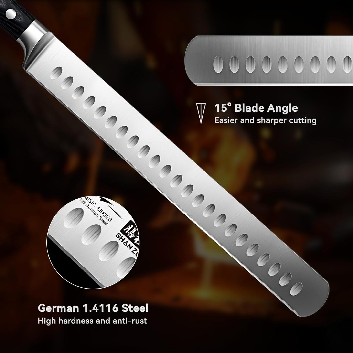 SHAN ZU 12" Brisket Slicing Knife - Carving Slicing Meat Knife Professional German 1.4116 Stainless Steel Razor Sharp Blade, Ergonomic Wood Handle & Full Tang Design, Gift Box Included