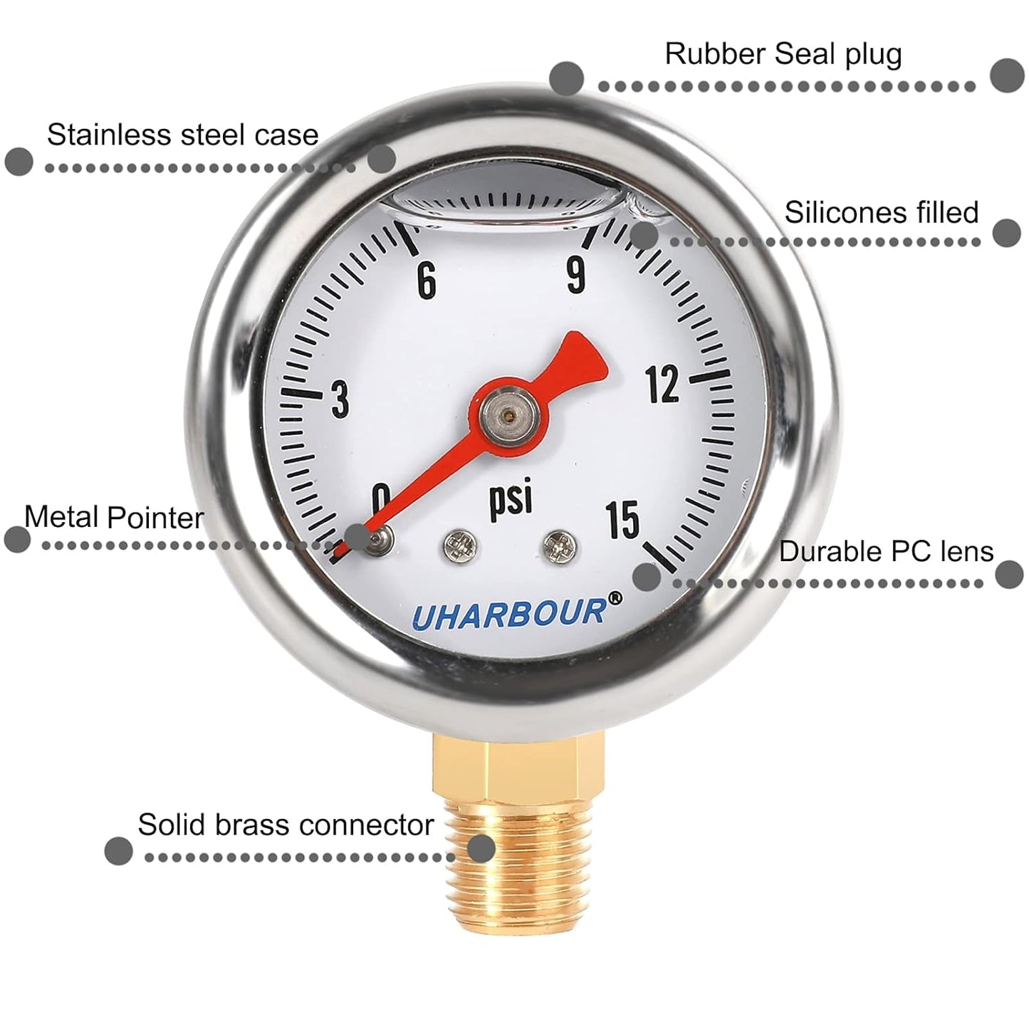 Glycerin Filled Pressure Gauge with 304 Stainless Steel Case, 1-1/2" Dial Size, 0-15Psi, High Accuracy, 1/8" NPT Center Lower Mount with Single Scale
