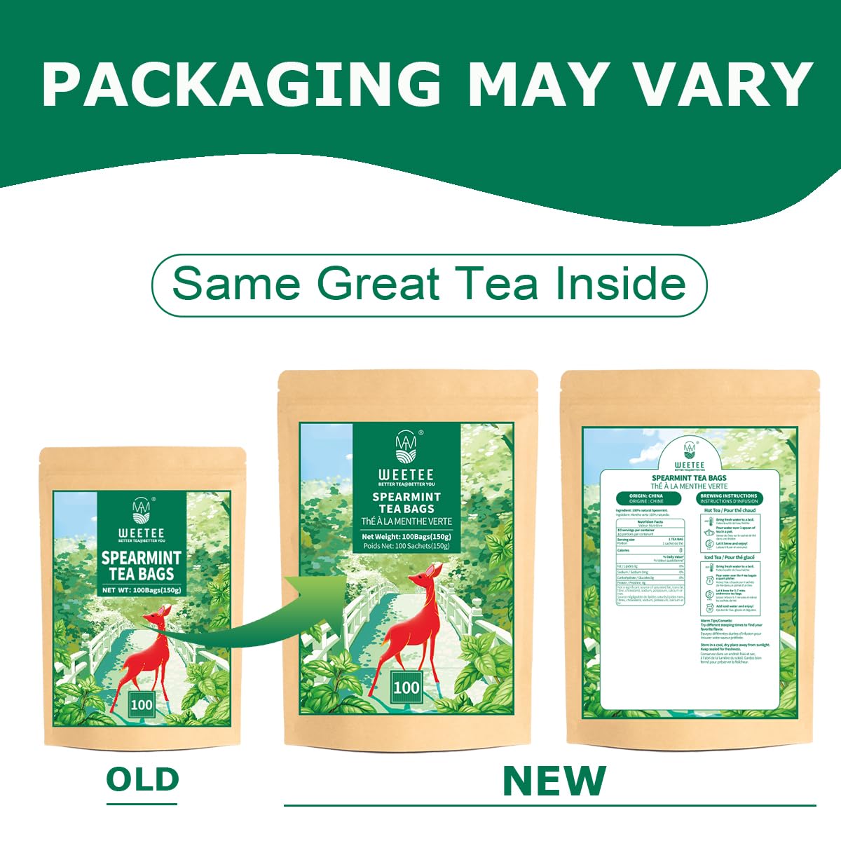 WT WEETEE Spearmint Tea Bags, Made with 100% Pure Spearmint Leaf, Natural Caffeine-free Herbal Tea, Refreshing & Smooth Mint Tea